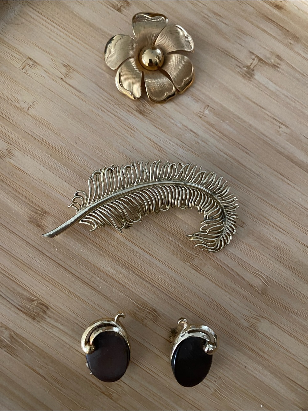 Gold Toned  Floral & Feather Brooches with Vintage Brown Clip Earrings
